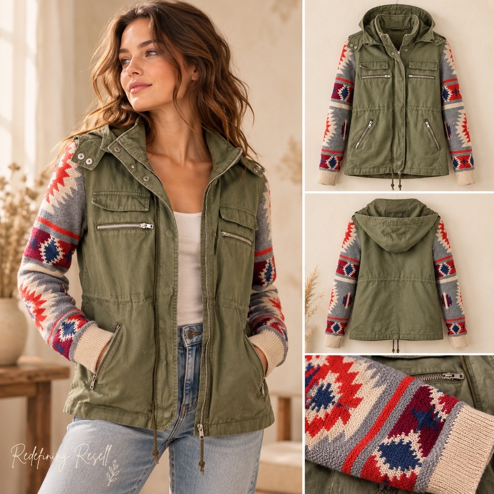 Thread & Supply Olive Green Aztec Knit Sleeve Utility Jacket JK58075 Small